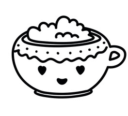 An adorable cup of cocoa and whipped cream. Doodle drawing isolated on white background.