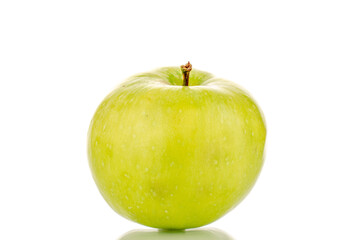 One sweet green apple, close-up, isolated on white.