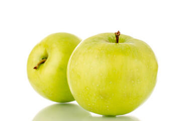 Two sweet green apples, close-up, isolated on white.