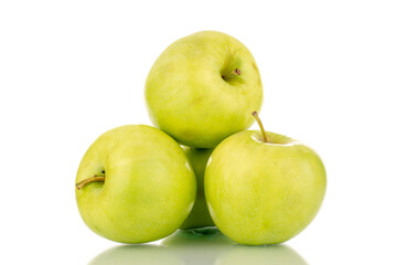 Several sweet green apples, close-up, isolated on white.