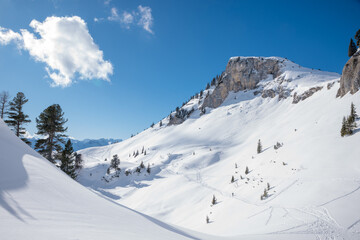 Fototapeta na wymiar winter landscape rofan alps, with hiking trails and tracks, blue sky