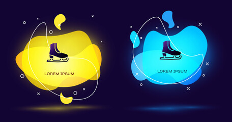 Black Skates icon isolated on black background. Ice skate shoes icon. Sport boots with blades. Abstract banner with liquid shapes. Vector