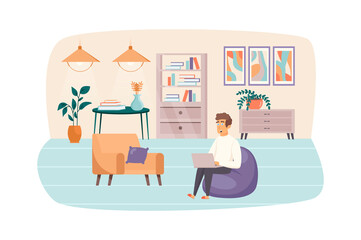 Man freelancer working at laptop, sitting in bag chair at home office scene. Freelance, remote work, self employed, comfy workplace concept. Illustration of people characters in flat design