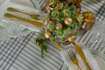 New Year's festive table setting, cutlery, decorations, New Year's decor, Christmas serving