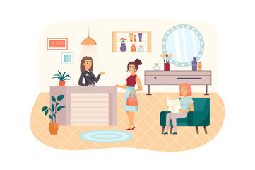 Women visiting Beauty Salon scene. Female client makes appointment with beautician or hairdresser at reception. Cosmetology procedures concept. Illustration of people characters in flat design