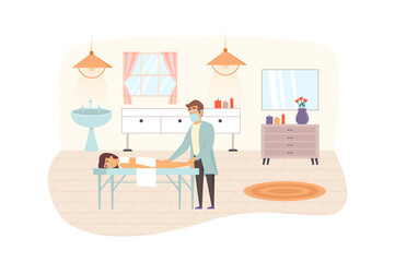 Woman visiting Beauty Salon scene. Female client getting massage. Professional masseur doing caring procedures. Cosmetology, skin care concept. Illustration of people characters in flat design