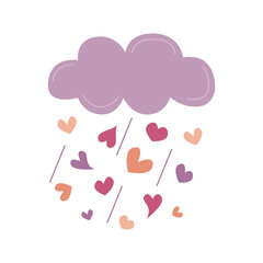 Cloud with hearts rain. Valentines Day design flat element. Vector illustration of cute love cloud