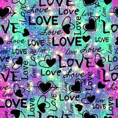Seamless pattern for valentine's day and love lettering. Abstract neon template with hearts and multicolored holographic splashes. Wallpaper for textiles, fabric, sports goods, wrapping paper.
