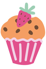 Vector illustration. Vanilla cupcake with strawberries and chocolate chips