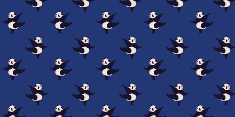 Vector illustration. A pattern with a dancing panda on a blue background. For prints
