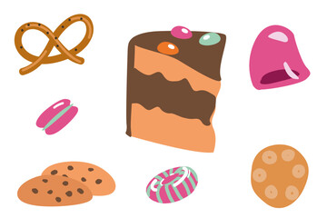 Vector illustration. Set with sweets. Cake, jelly, pretzel, cookies, candy, macaroon