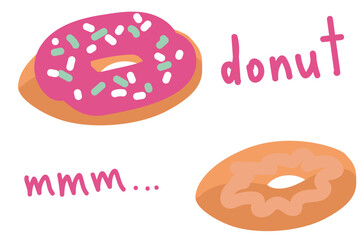 Vector illustration. A set of donuts with icing and inscriptions. Food, delicious, sweet
