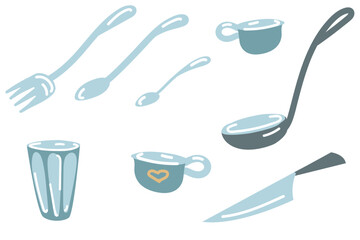 Vector illustration. A set with different dishes. Glass tumbler, cups, cutlery, ladle, knife.