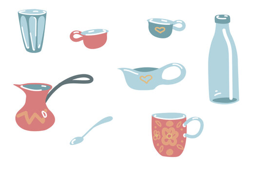 Vector illustration. A set with different dishes. A cup for coffee, a cup, a glass glass and a bottle, a teaspoon and a milk jug. Tea set, coffee set