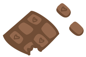 Vector illustration. A bar of chocolate with pieces. Delicious food, sweets, fast food