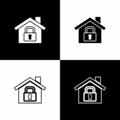Set House under protection icon isolated on black and white background. Home and lock. Protection, safety, security, protect, defense concept. Vector