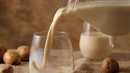 Potato milk alternative non dairy drink is pouring in glass from decanter on sackcloth. Healthy vegetarian and vegan drink concept FullHD footage video
