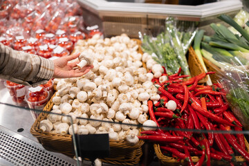 Woman chooses champignons in the vegetable section of the supermarket. Girl taking mushrooms from box