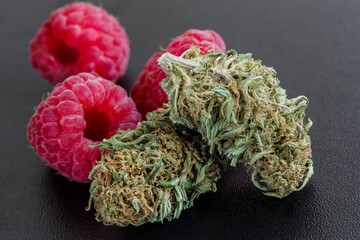 Macro close-up of bright green buds of marijuana. covered with crystals and orange hairs next to...