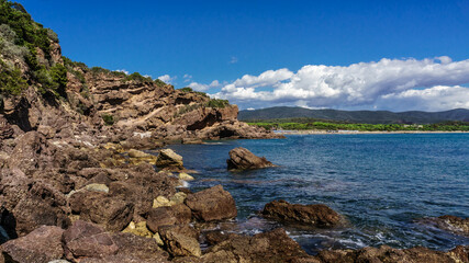 Fototapeta premium Beautiful rocky landscape.Splendid panoramic view of the crystal blue sea. Mediterranean coast of Cyprus island.Beach with corals