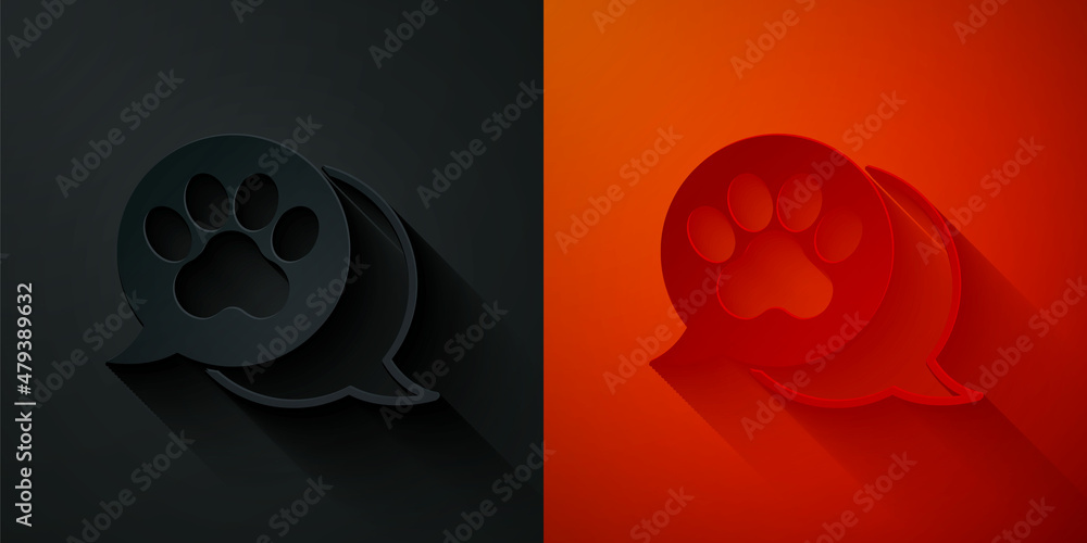 Sticker Paper cut Paw print icon isolated on black and red background. Dog or cat paw print. Animal track. Paper art style. Vector