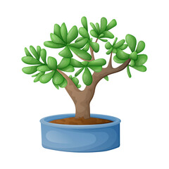 Vector isolated cartoon illustration of home potted succulent jade bonsai plant. © Ekaterina