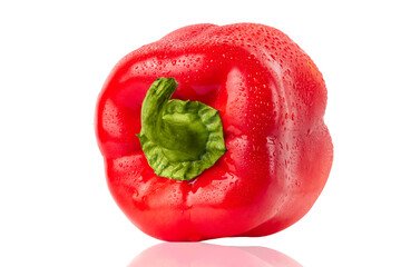 Sweet red pepper in drops of water isolated on white background.
