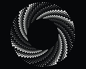 abstract black halftone dots.white halftone dots in vortex form. Geometric art. Trendy design element.Circular and radial lines volute, helix.Segmented circle with rotation