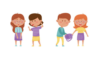 Warring Boy and Girl with Offensive Behavior Insulting Agemate Teasing and Taking Away Backpack Vector Set