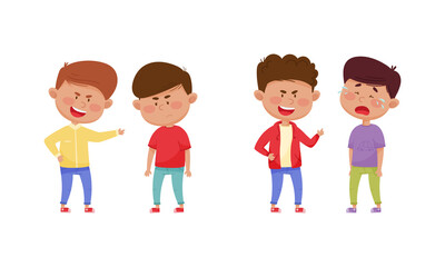 Warring Boy with Offensive Behavior Insulting Crying Agemate Vector Set