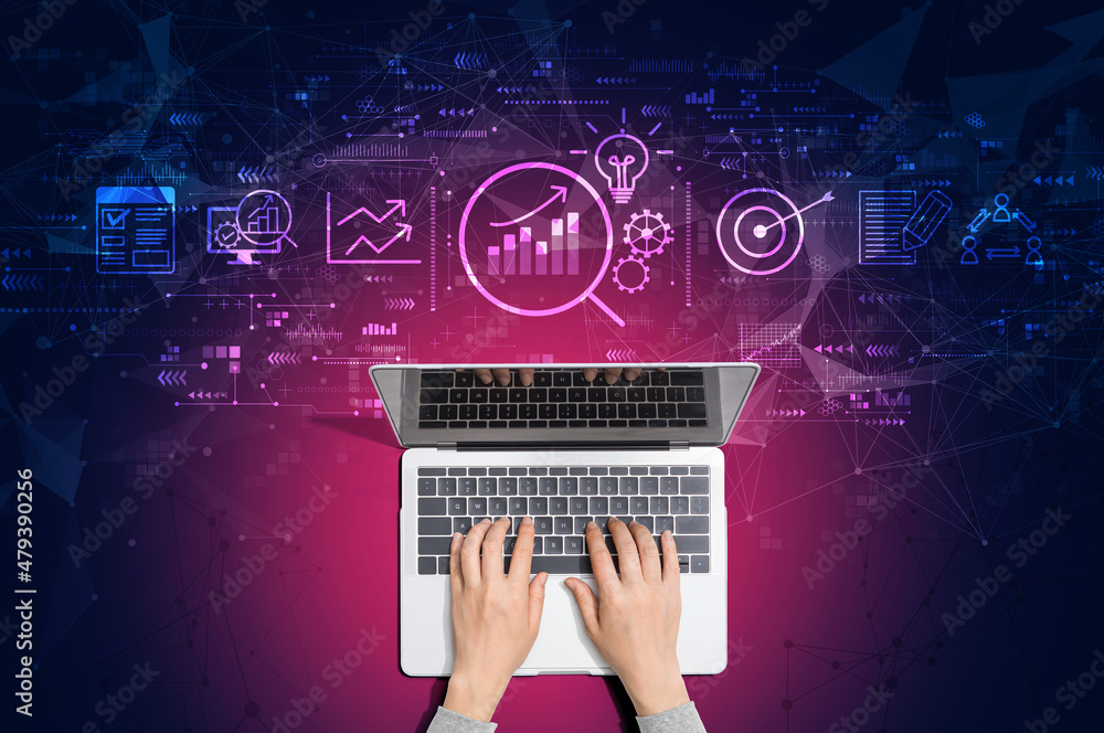 Poster data analysis concept with person using a laptop computer
