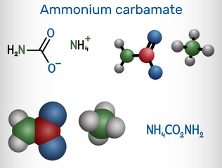 Ammonium carbamate molecule. It is organic compound consisting of ammonium and carbamate. Structural chemical formula and molecule model.