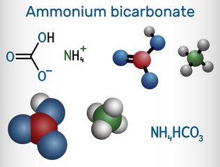 Ammonium bicarbonate, NH4HCO3, bicarbonate of ammonia, ammonium hydrogen carbonate molecule. It is food additive Е503. Structural chemical formula and molecule model.