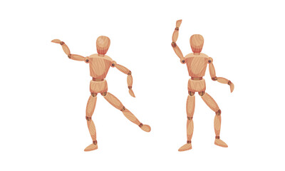 Fototapeta na wymiar Wooden Man with Jointed Arm and Leg in Different Pose Vector Set