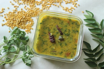Lentil curry prepared with fresh fenugreek leaves, commonly called Methi dal in India