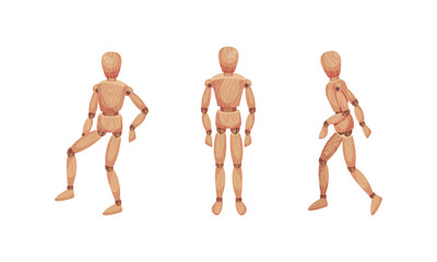 Wooden Man with Jointed Arm and Leg in Different Pose Vector Set