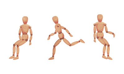 Wooden Man with Jointed Arm and Leg in Different Pose Vector Set