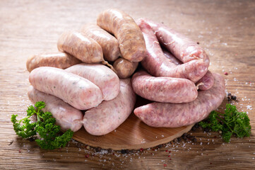 various kind of types of fresh sausages with spices