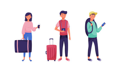 Young Man and Woman Tourist with Luggage Engaged in Travelling on Vacation Vector Set