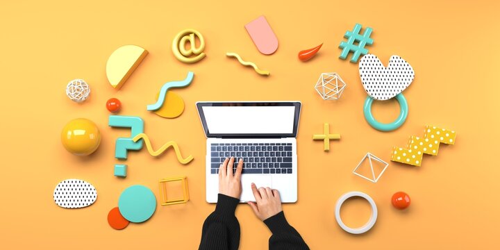 Geometric shapes with person using a laptop computer from above