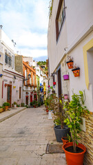 Fototapeta na wymiar Calles del Barrio de Santa Cruz o Casco Antiguo, Santa Creu (o El Barrio) es la zona del casco antiguo de la ciudad sita en la ladera de una colina. La zona es famosa por su animada vida nocturna, sus