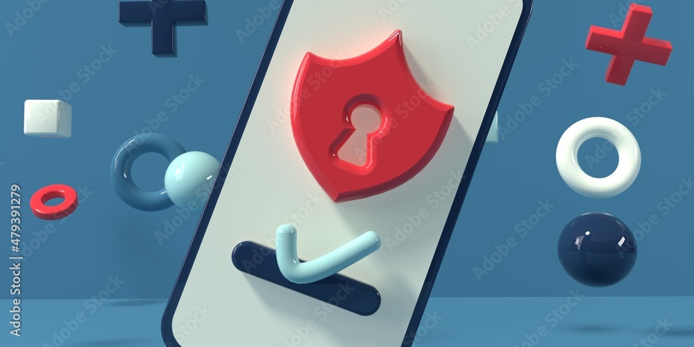 Poster cyber security theme with a smartphone and geometric shapes - 3d render