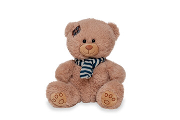 A teddy bear toy sits on a white background. Isolated children's toy on a white background.