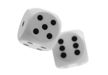 Playing dice for gambling and tabletop games, flying in air, poker isolated on white background, clipping path