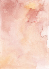 Abstract light orange-brown watercolor background texture, hand painted. Artistic beige-orange backdrop, stains on paper. Aquarelle painting wallpaper.