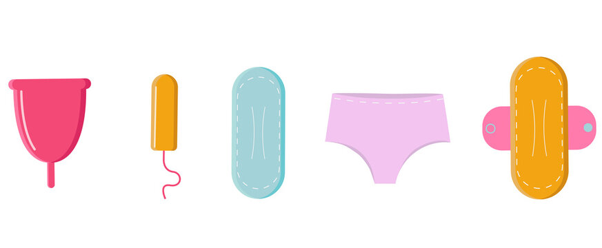 menstrual collection cup, disposable and reused absorbent, tampon and absorbent panties. Assorted products for a woman's menstrual cycle in flat color illustration.