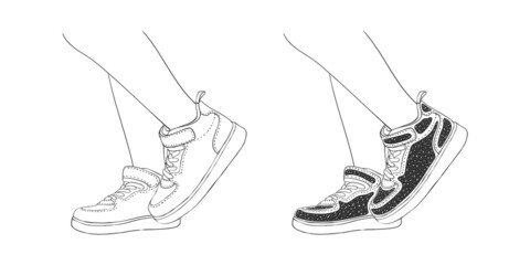 Legs in sneakers. Fashion footwear. Hand-drawn style shoes. Vector image - obrazy, fototapety, plakaty