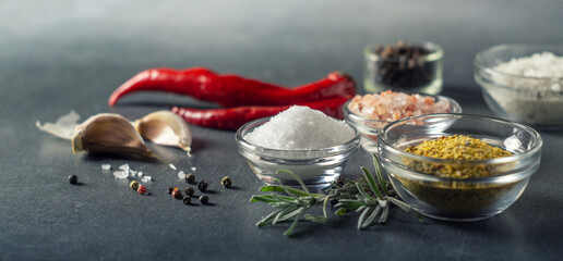 Culinary seasonings, red peppers, garlic and various salt