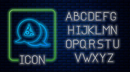 Glowing neon Slice of pizza icon isolated on brick wall background. Fast food menu. Neon light alphabet. Vector