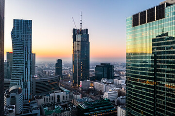 Warsaw city center during the January sunrise